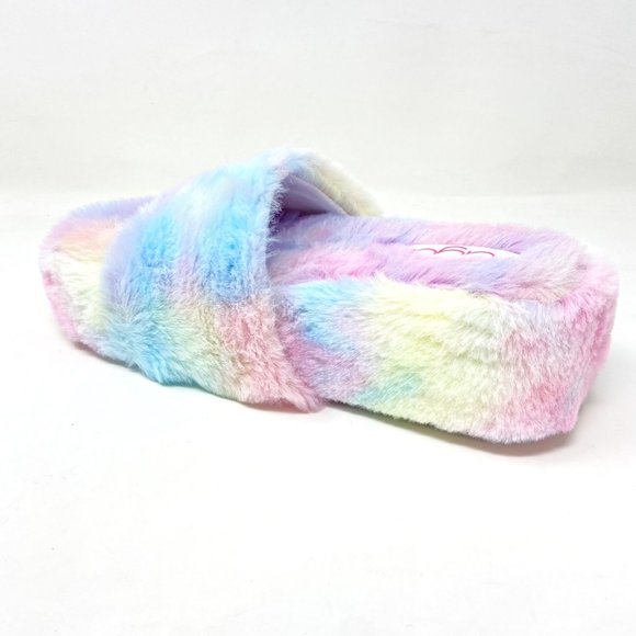 Sugar Wryde Tie Dye Platform Womens Fluffy Slip On Fur Warm Slipper Sandals - Picture 3 of 5